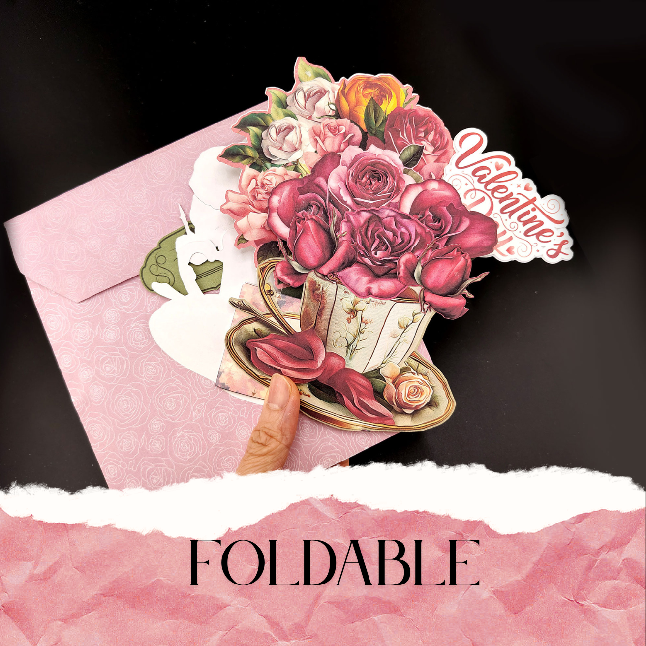 Rose & Teacup Pop-Up Valentine’s Day Card — Printable Stand-Up Paper Decoration in Pink (Foldable Love Card, Digital Download)