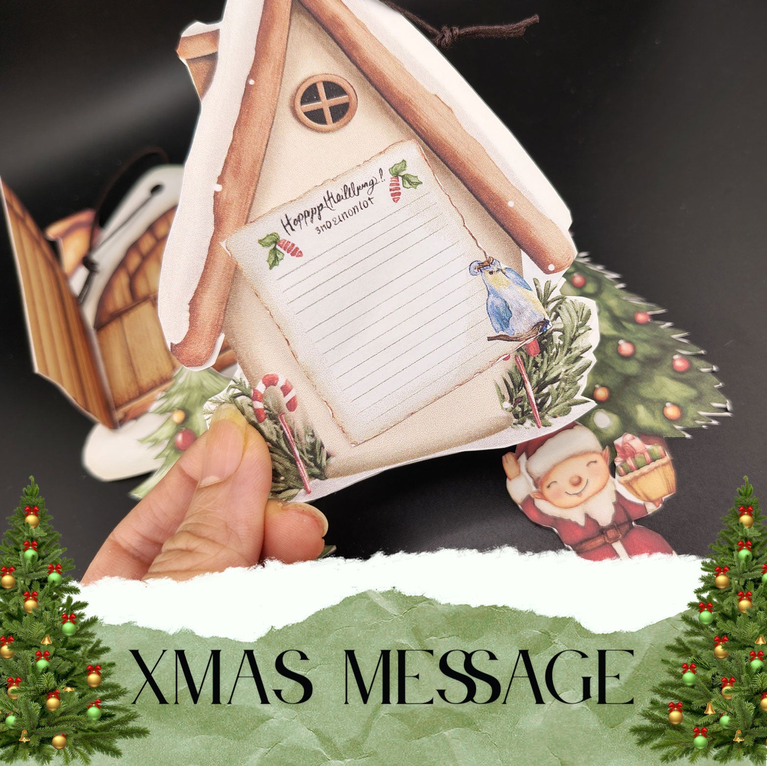 Elf village pocket ornament paper craft used as junk journal insert for Christmas