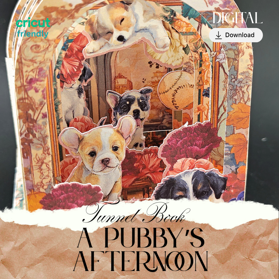 A Puppy's Afternoon Tunnel Book Card PDF, DIY 3D Vintage Dog Shadow Box, Printable Arch Greeting Card, Floral Puppy Gift, Digital Download