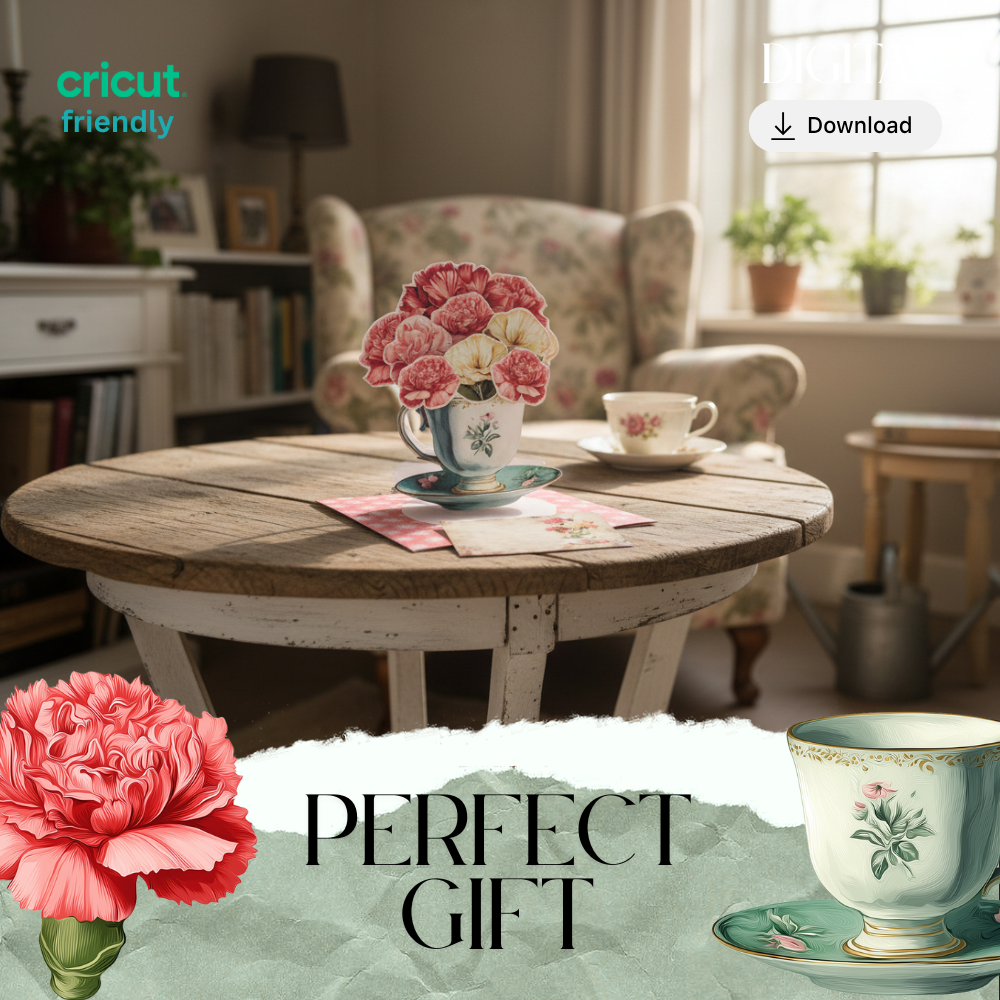 Mini Carnation & Teacup Pop-Up Gift Card — Printable Stand-Up Decoration in pink yellow (Foldable, Digital Download)  motherly love