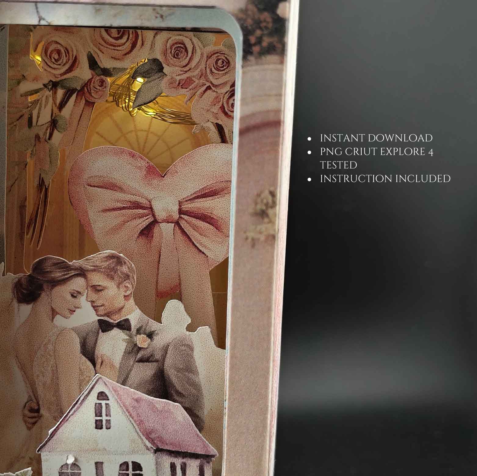 Bridal home book nook paper craft with wedding celebration scene, displayed inside a bookshelf