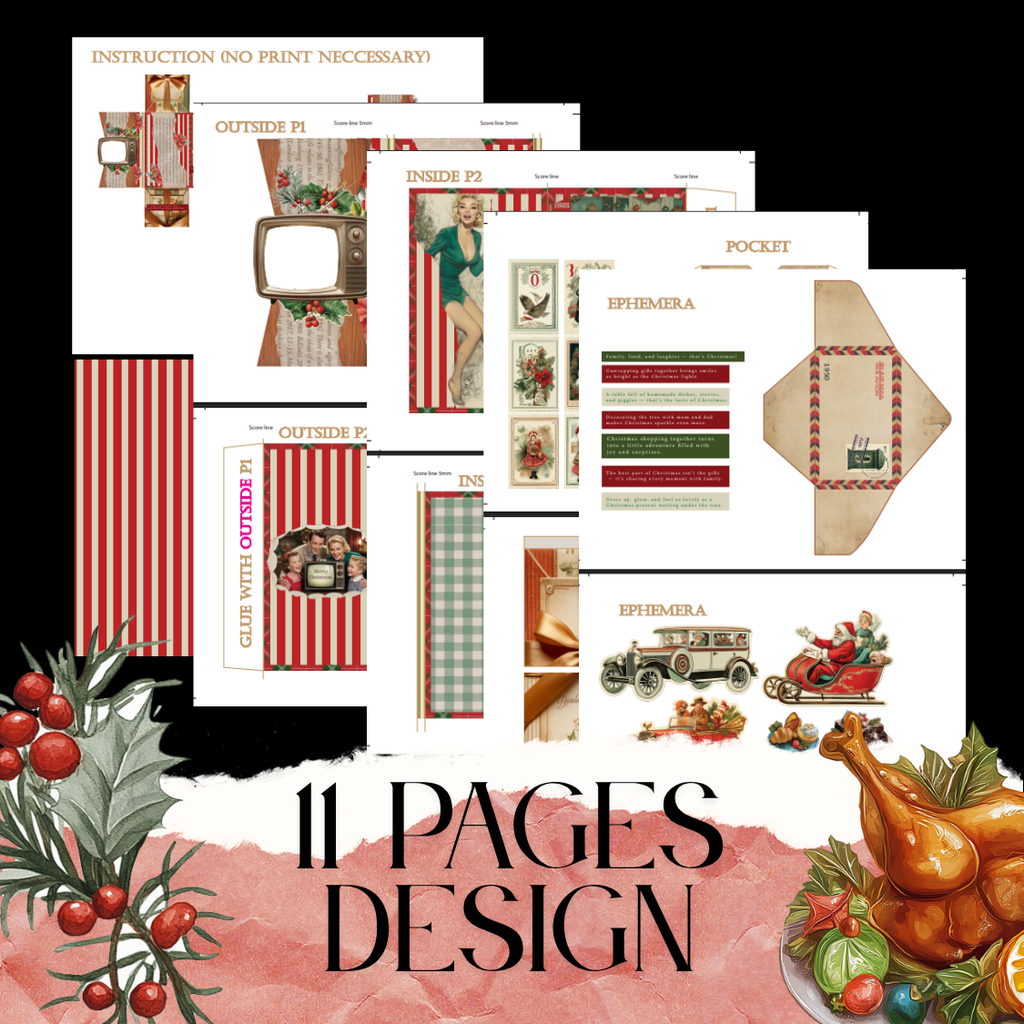 Vintage Chrsitmas Family activities in 1965 folio kit, old fashion television and playable ephemera, 11 pages designs