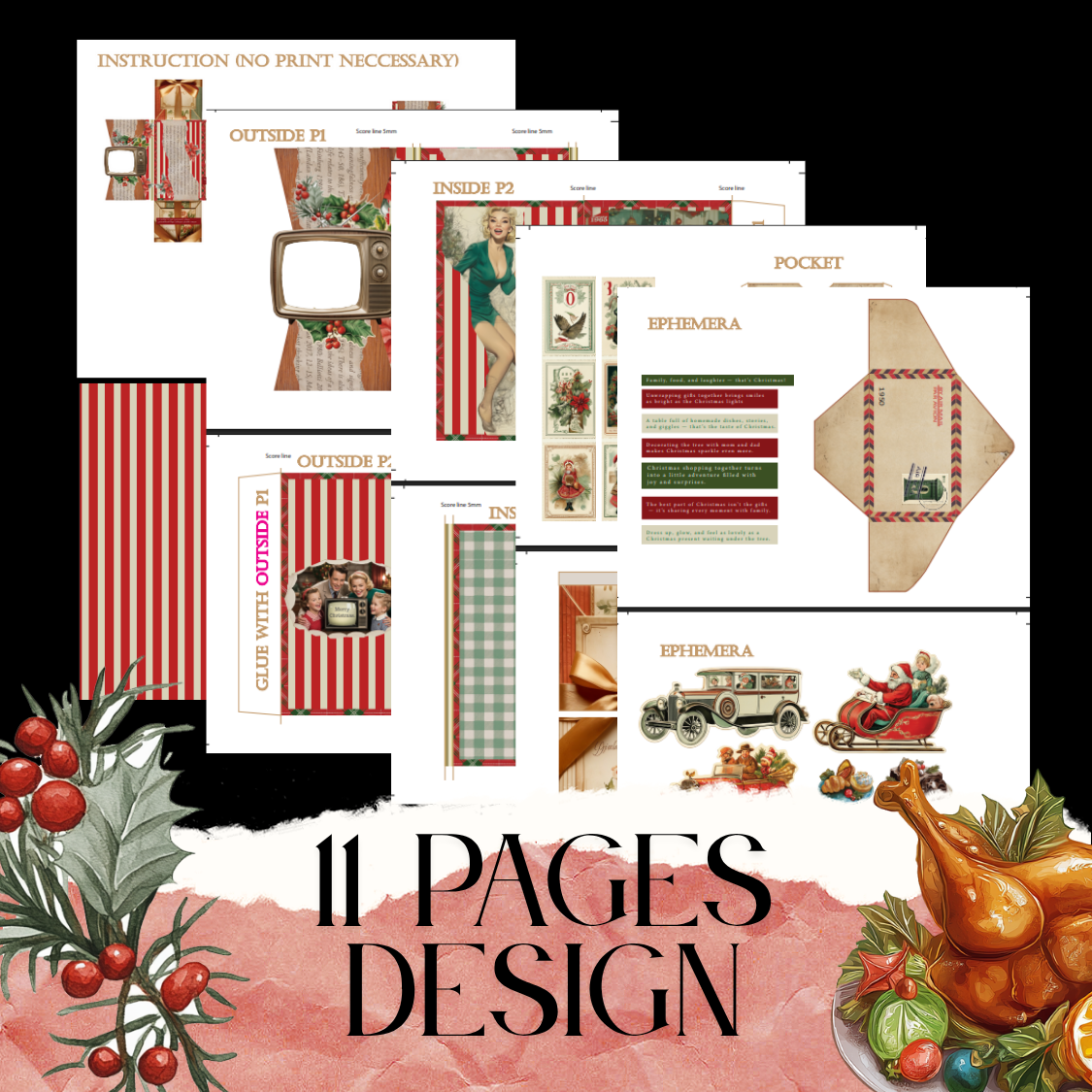 Vintage Chrsitmas Family activities in 1965 folio kit, old fashion television and playable ephemera, 11 pages designs