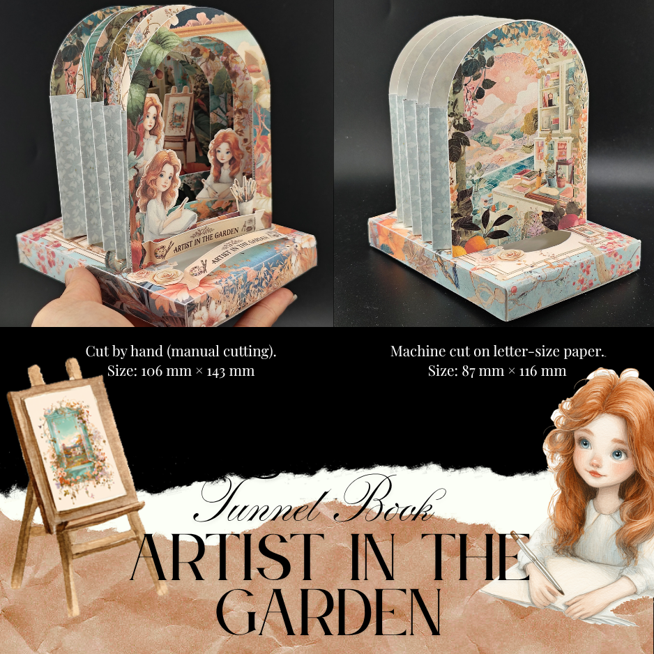 This enchanting multi-layered paper project captures a peaceful moment of a girl sketching in a lush, blooming garden. Designed with intricate silhouettes and floral details, this tunnel book is a perfect project for art lovers, garden enthusiasts, or anyone who appreciates the "slow-craft" movement.