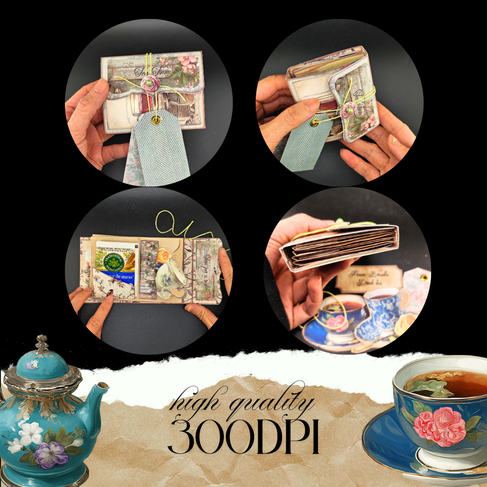 Mini Junk folio booklet - florist Tea time, one palm size folio kit, Ephemeras, paper crafting, junk journal, scrapbook , 7 pages 1 style