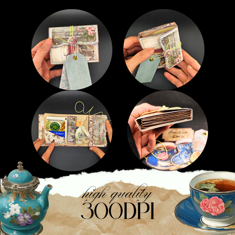Mini Junk folio Tea Bag booklet - florist Tea time, one palm size folio kit, Ephemeras, paper crafting, junk journal, scrapbook , 7 pages 1 style
