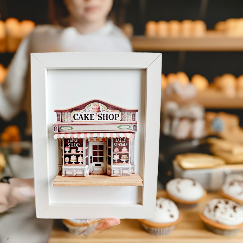 -5x7"- Cake Shop pop-up frame, DIY miniature scenery kit, instant download template, shadow box gift, cake store, cake shop