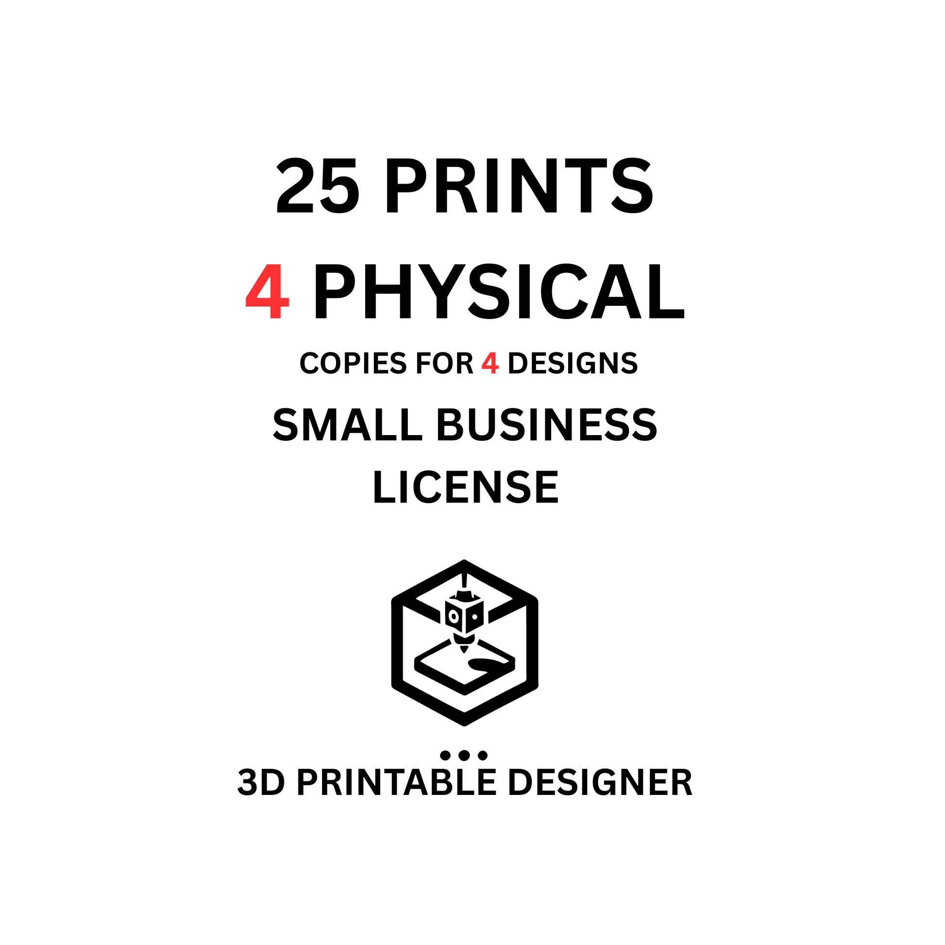 4 physical License for 4 designs, selling up to 25 physical 3D prints, 3D printable Design commercial license