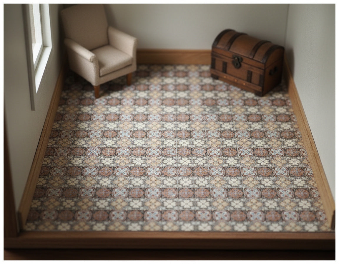 1:12 Printable Seamless Floor Tiles — 15×15 mm tiles size Vintage Pattern in Warm Tones (Dollhouse Flooring, Digital Download)