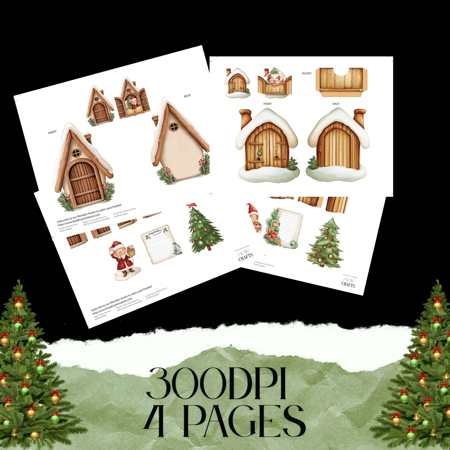 Elf village pocket ornament paper craft used as junk journal insert for Christmas