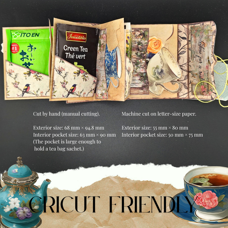 Mini Junk folio Tea Bag booklet - florist Tea time, one palm size folio kit, Ephemeras, paper crafting, junk journal, scrapbook , 7 pages 1 style