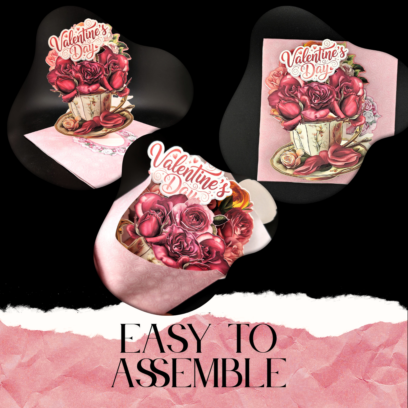 Rose & Teacup Pop-Up Valentine’s Day Card — Printable Stand-Up Paper Decoration in Pink (Foldable Love Card, Digital Download)