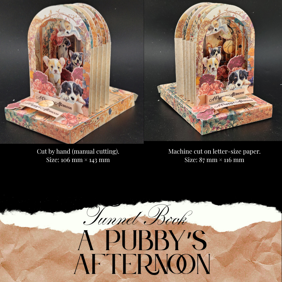 A Puppy's Afternoon Tunnel Book Card PDF, DIY 3D Vintage Dog Shadow Box, Printable Arch Greeting Card, Floral Puppy Gift, Digital Download