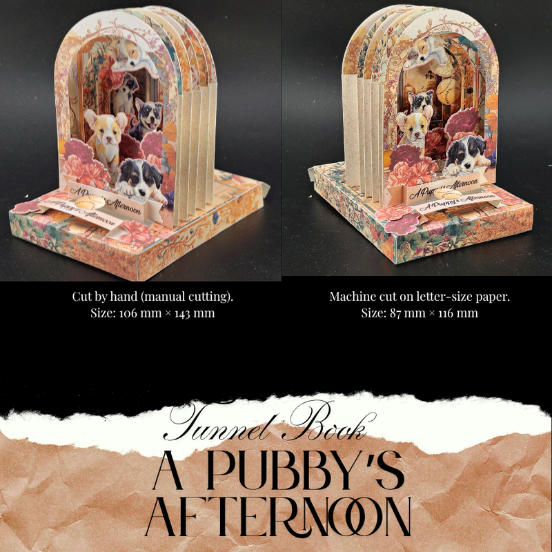 A Puppy's Afternoon Tunnel Book Card PDF, DIY 3D Vintage Dog Shadow Box, Printable Arch Greeting Card, Floral Puppy Gift, Digital Download