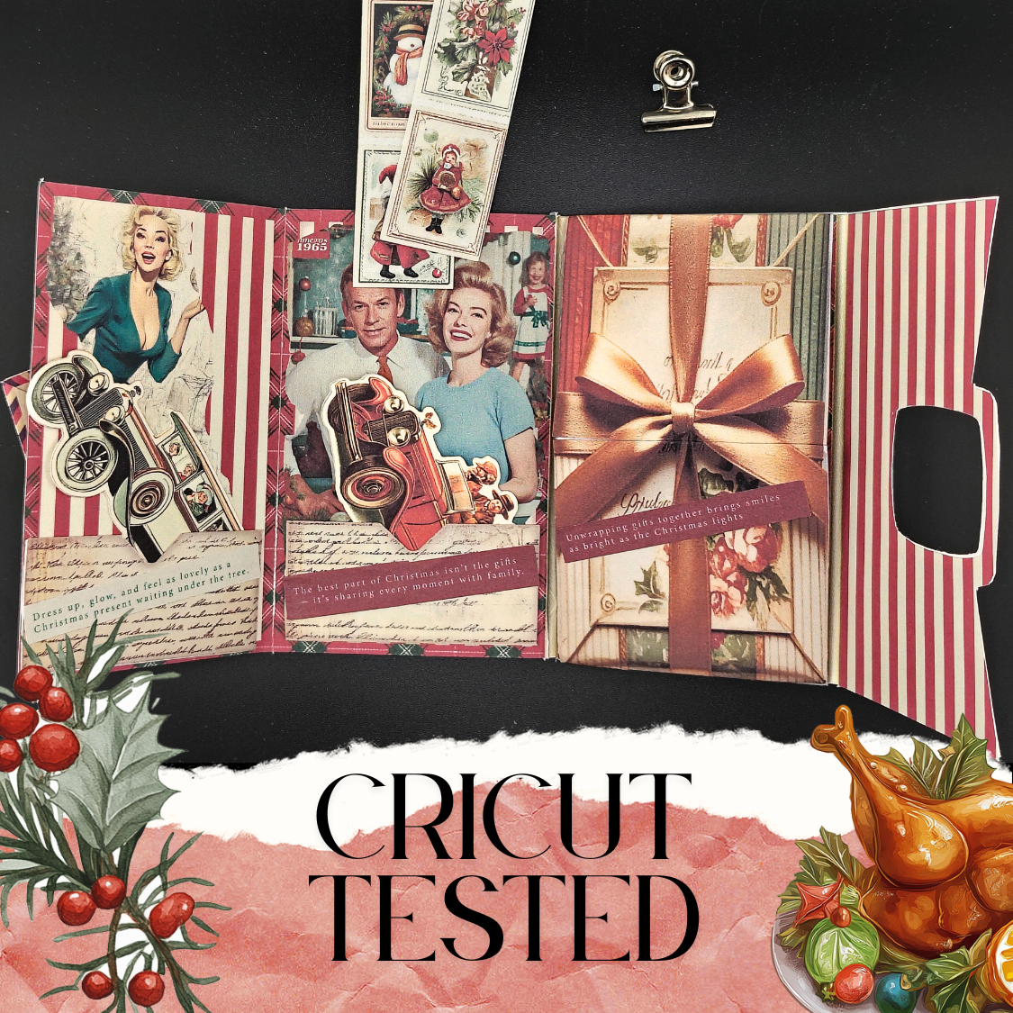 Vintage Chrsitmas Family activities in 1965 folio kit, old fashion television and playable ephemera, 11 pages designs