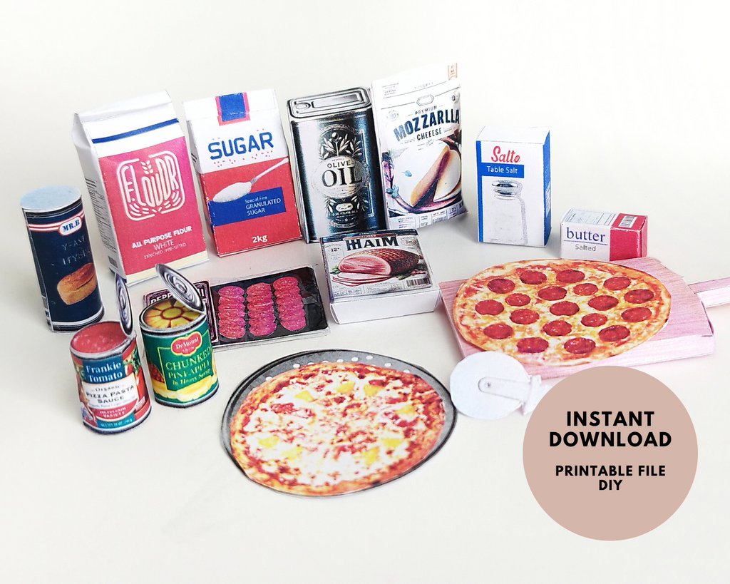 1:6 scale printable miniature pizza set with 16 pieces including pizzas, pizza boxes, and accessories for dollhouse supermarket or pizza shop