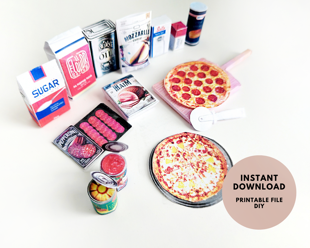 1:6 scale printable miniature pizza set with 16 pieces including pizzas, pizza boxes, and accessories for dollhouse supermarket or pizza shop