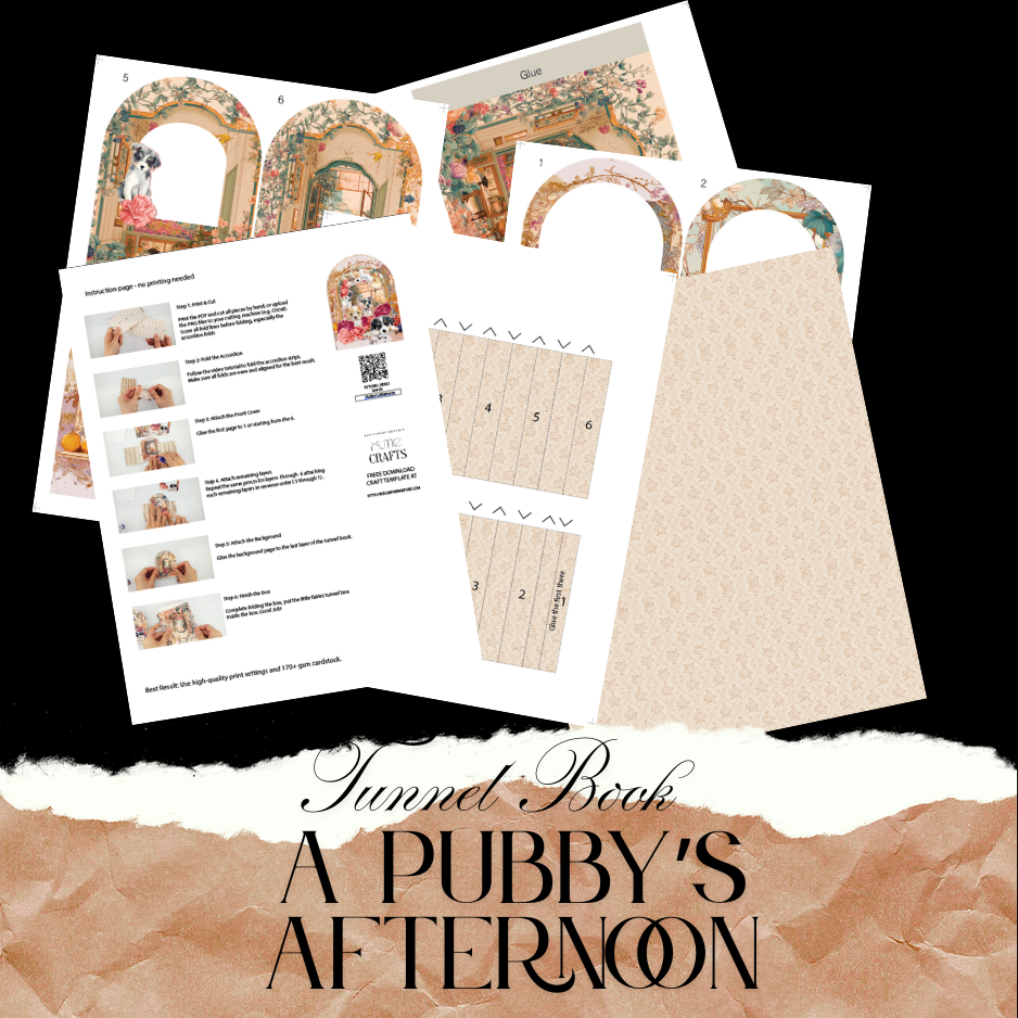 A Puppy's Afternoon Tunnel Book Card PDF, DIY 3D Vintage Dog Shadow Box, Printable Arch Greeting Card, Floral Puppy Gift, Digital Download