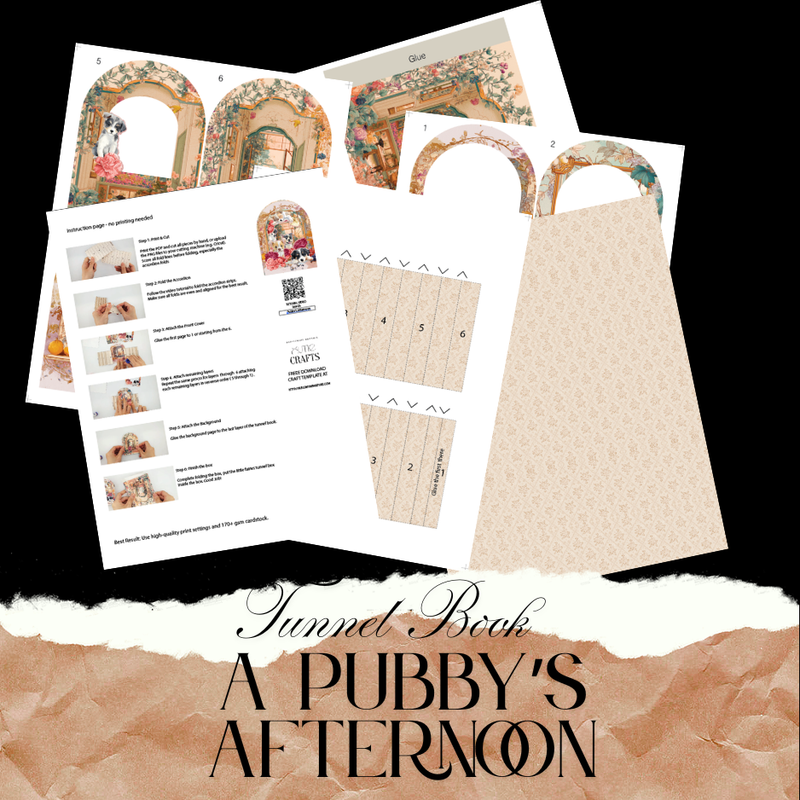 A Puppy's Afternoon Tunnel Book Card PDF, DIY 3D Vintage Dog Shadow Box, Printable Arch Greeting Card, Floral Puppy Gift, Digital Download