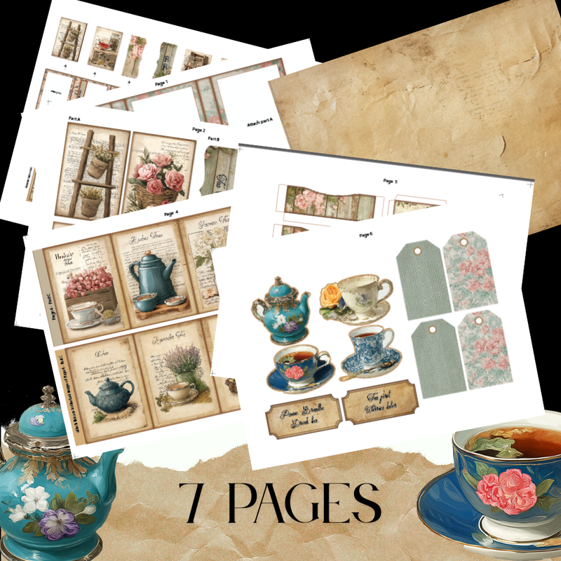 Mini Junk folio Tea Bag booklet - florist Tea time, one palm size folio kit, Ephemeras, paper crafting, junk journal, scrapbook , 7 pages 1 style