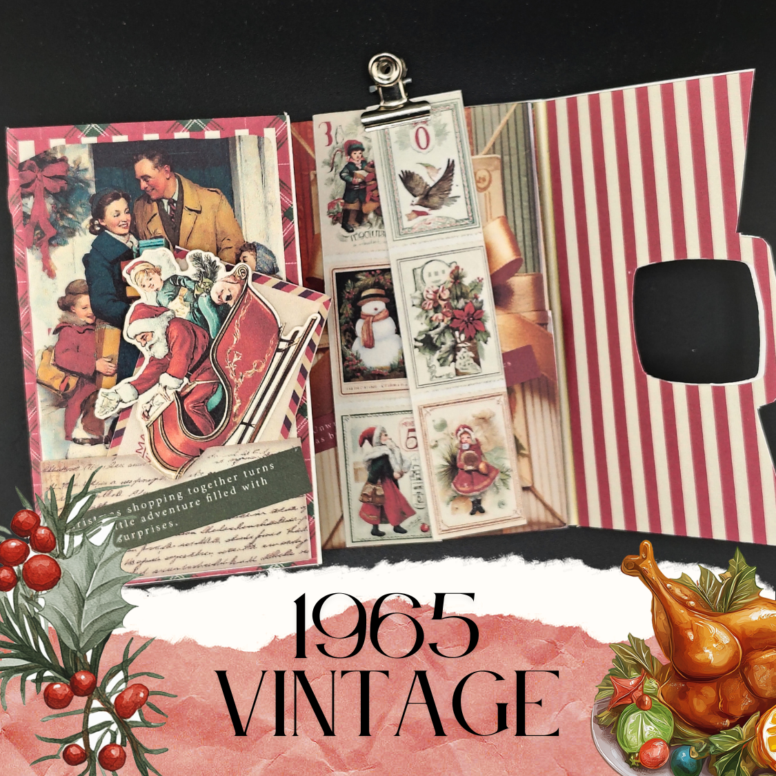 Vintage Chrsitmas Family activities in 1965 folio kit, old fashion television and playable ephemera, 11 pages designs