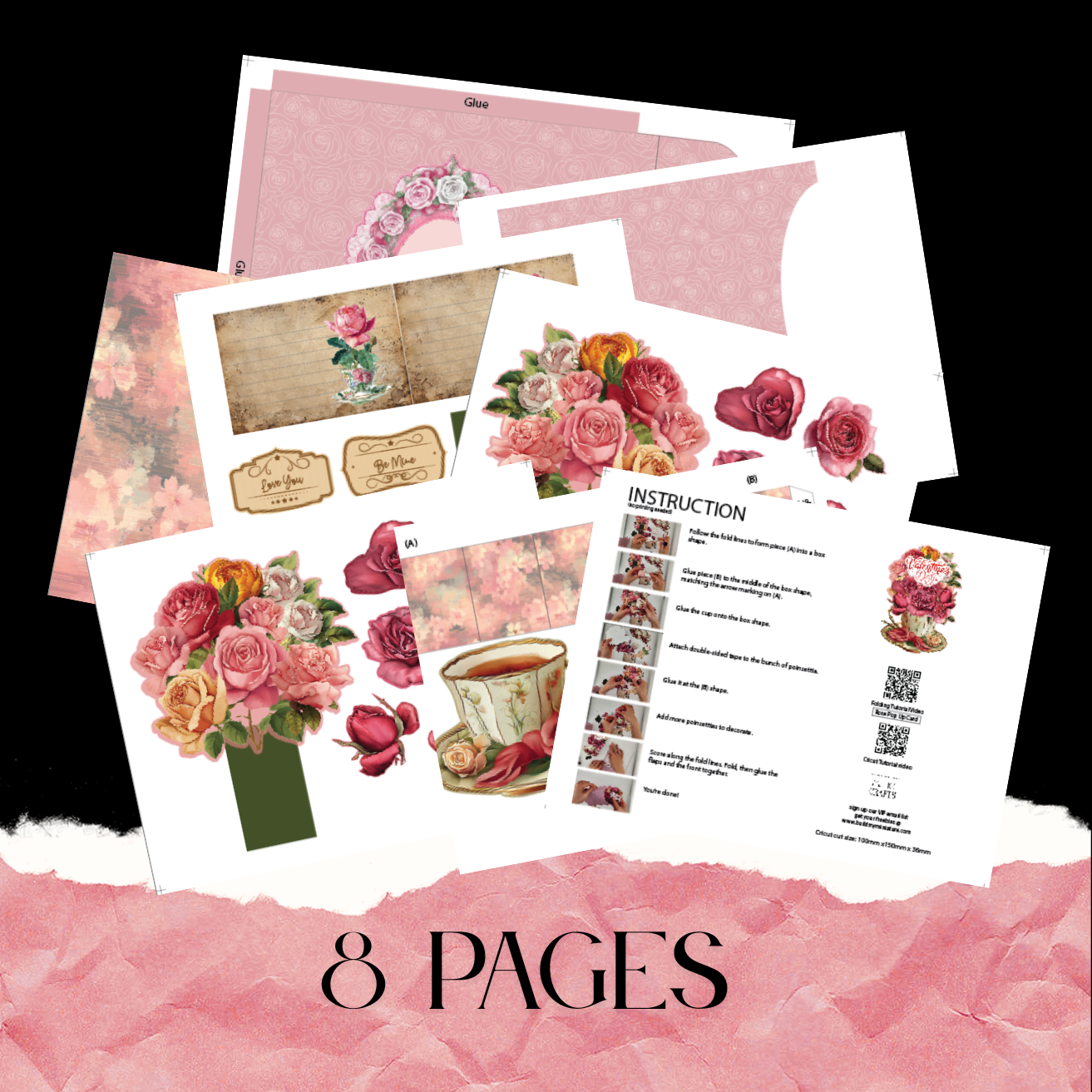 Rose & Teacup Pop-Up Valentine’s Day Card — Printable Stand-Up Paper Decoration in Pink (Foldable Love Card, Digital Download)