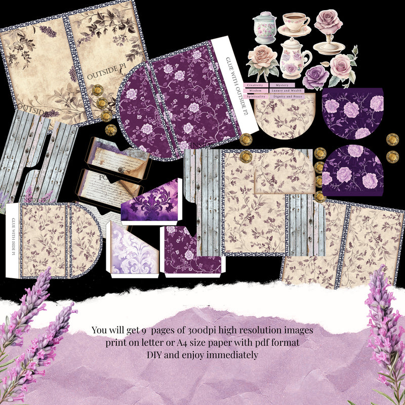 Lavender Junk Journal Folio Kit: Purple Envelopes, Pockets (PDF & PNG Files)