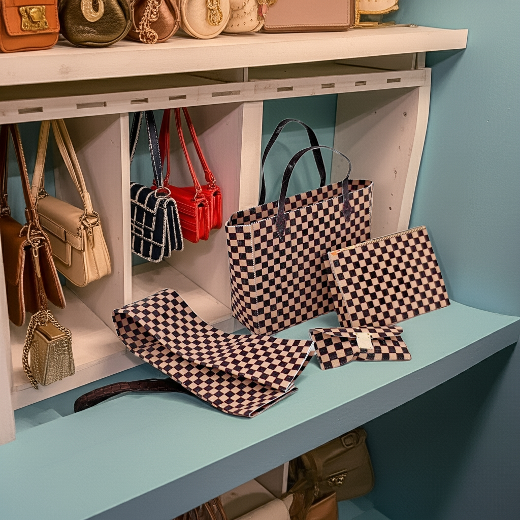 1:6 Luxury brown checker board pattern tote, purse and scarf for dollhouse and department store, 4 styles, luxury house decorations