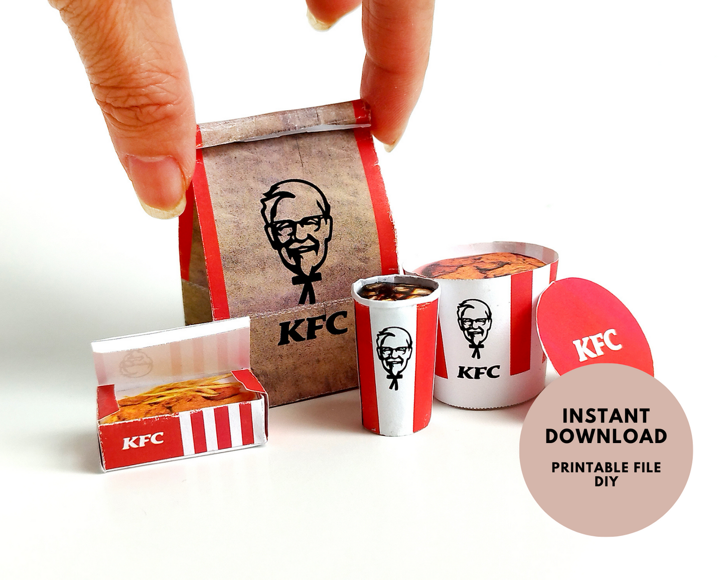 1:6, 4pieces KFC Meal Set - Printable Dollhouse Fast Food for dolls - Chicken, Chicken Bucket , Fries, DIY, printable miniature template