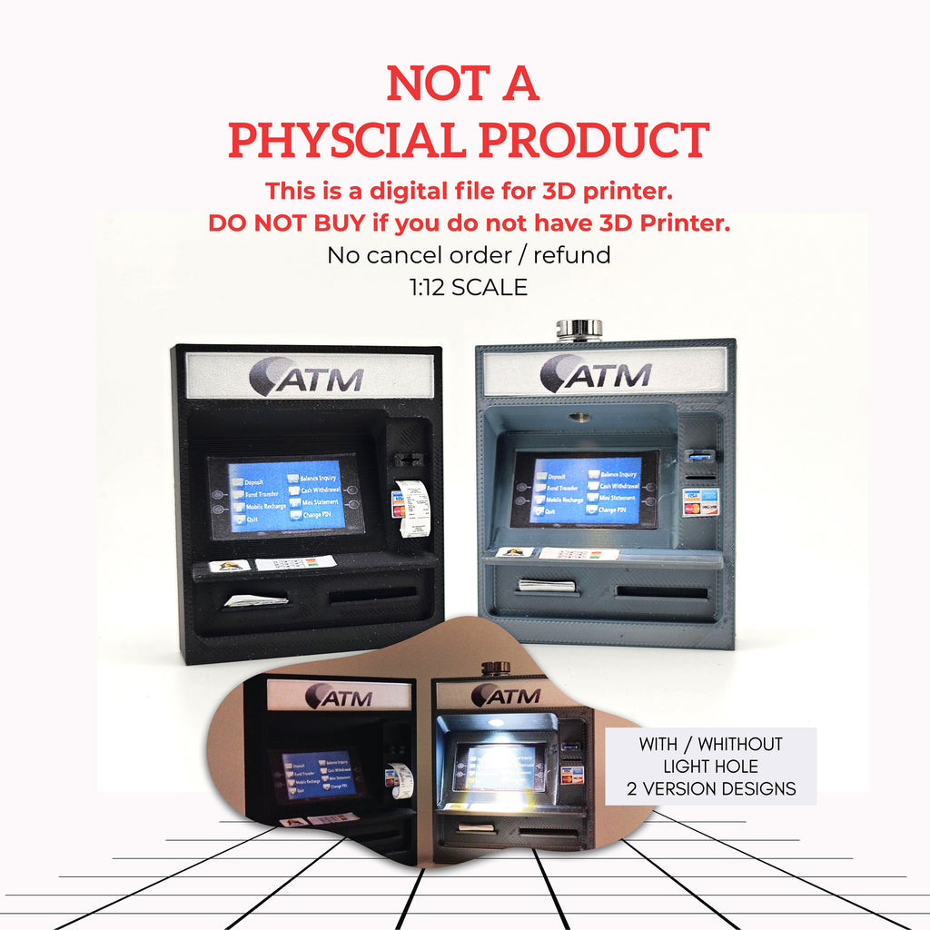 ATM with light and without light STL file for 1:12 doll, Cash and credit card insert