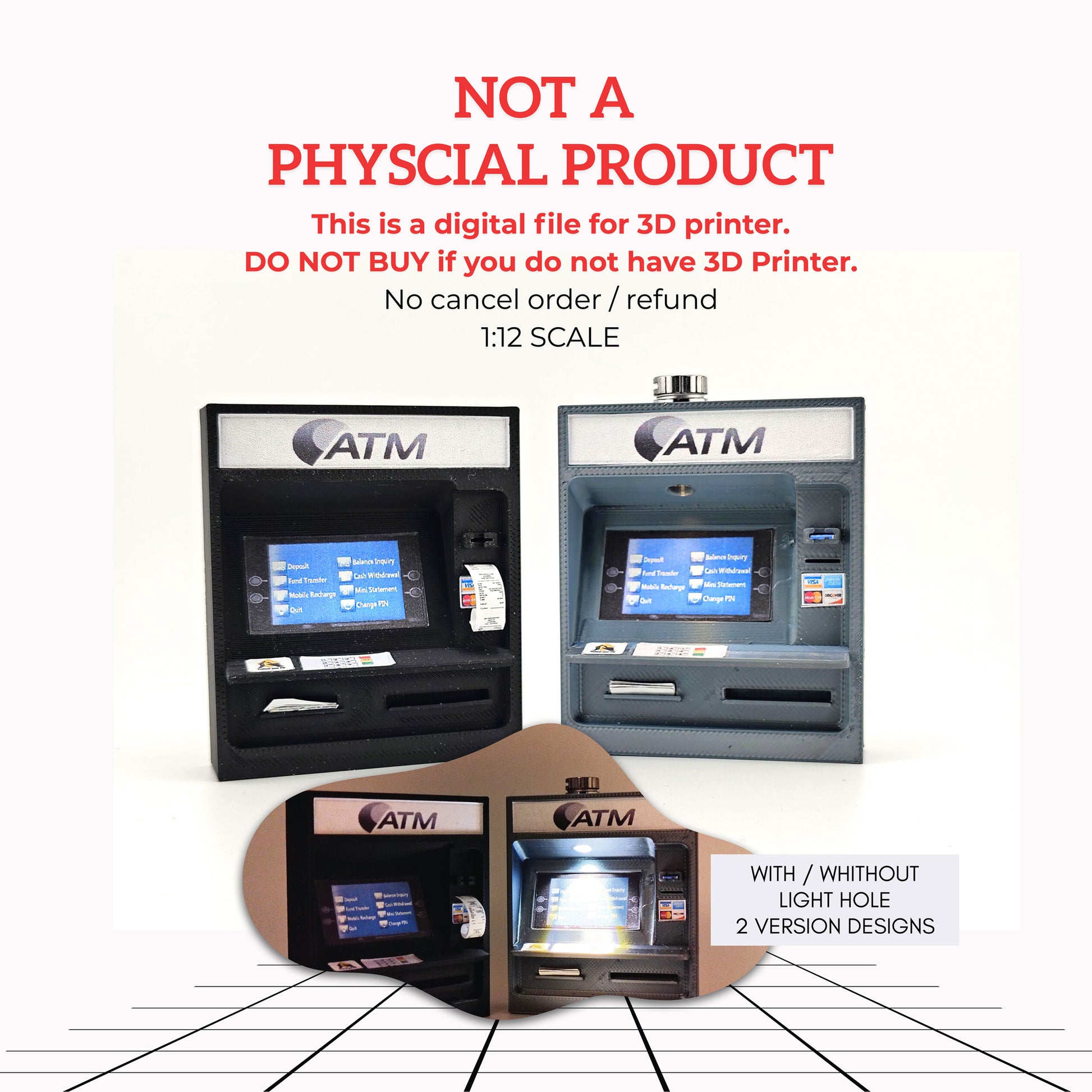 ATM with light and without light STL file for 1:12 doll, Cash and credit card insert