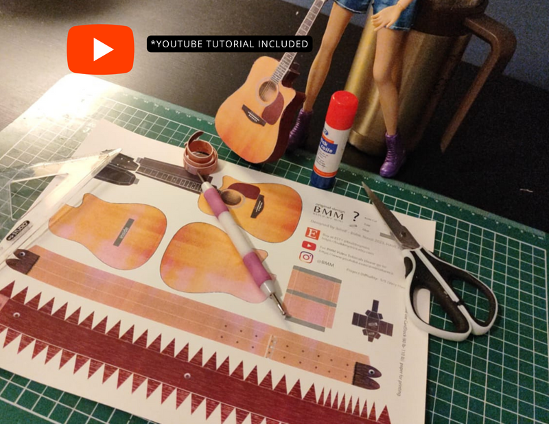 1:6 Mini Acoustic Guitar, DIY Dollhouse Miniature (PDF Pattern)