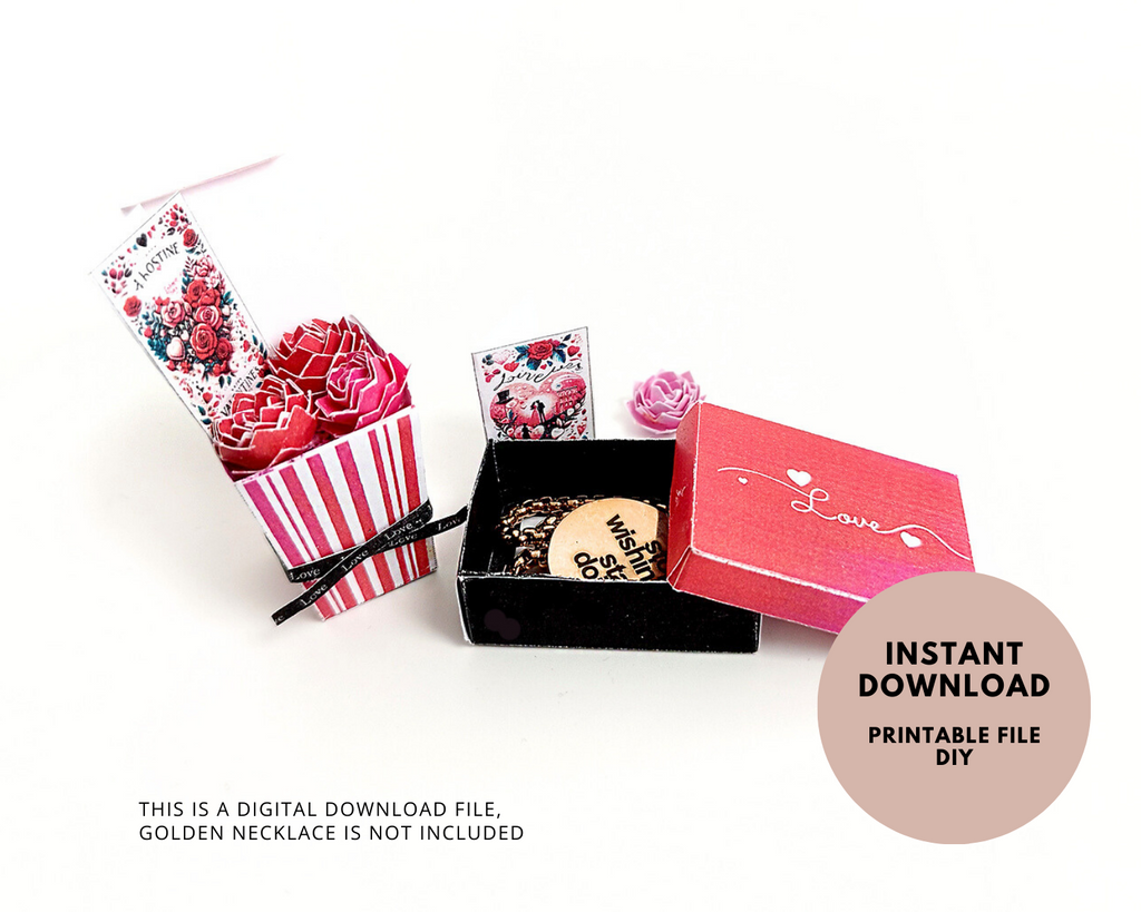 Miniature red paper flowers in striped box, open red gift box, white background.