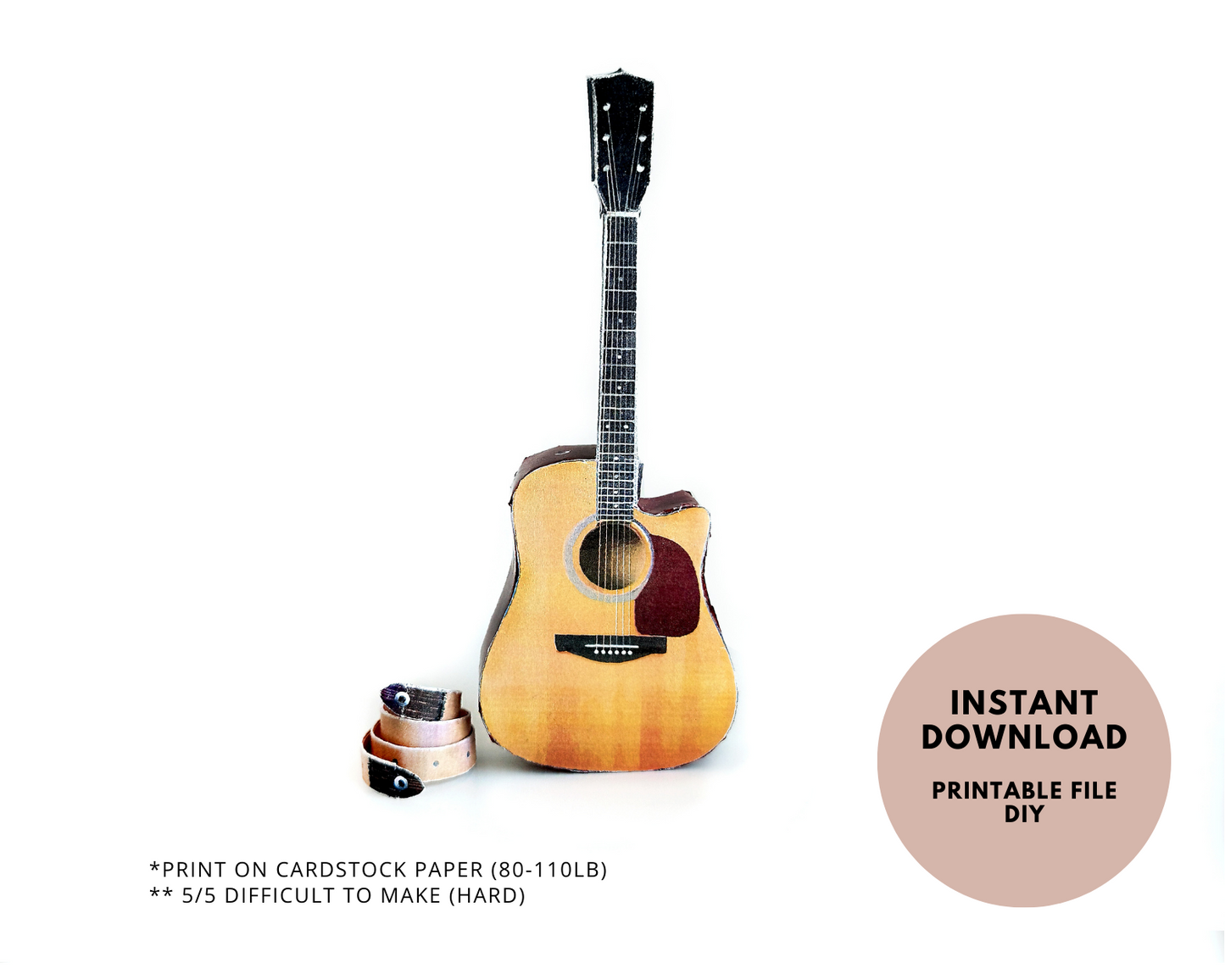 1:6 Mini Acoustic Guitar, DIY Miniature Music Instrument printable template for Dollhouse home decoration and accessory