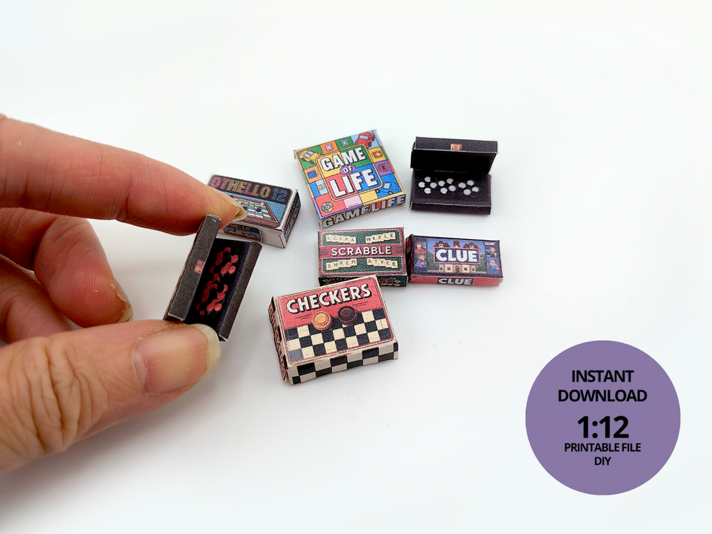 miniature 1:12, 7 items Board Games and openable chess board Clue, Checker, scrabble, game of life, Othello12 l toy printable template