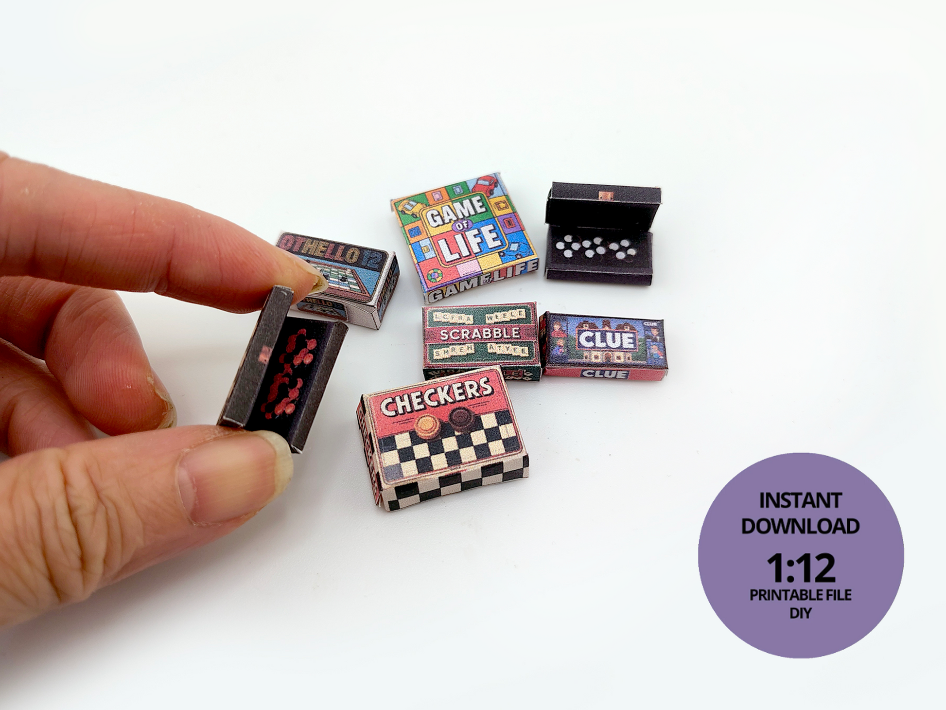 miniature 1:12, 7 items Board Games and openable chess board Clue, Checker, scrabble, game of life, Othello12 l toy printable template