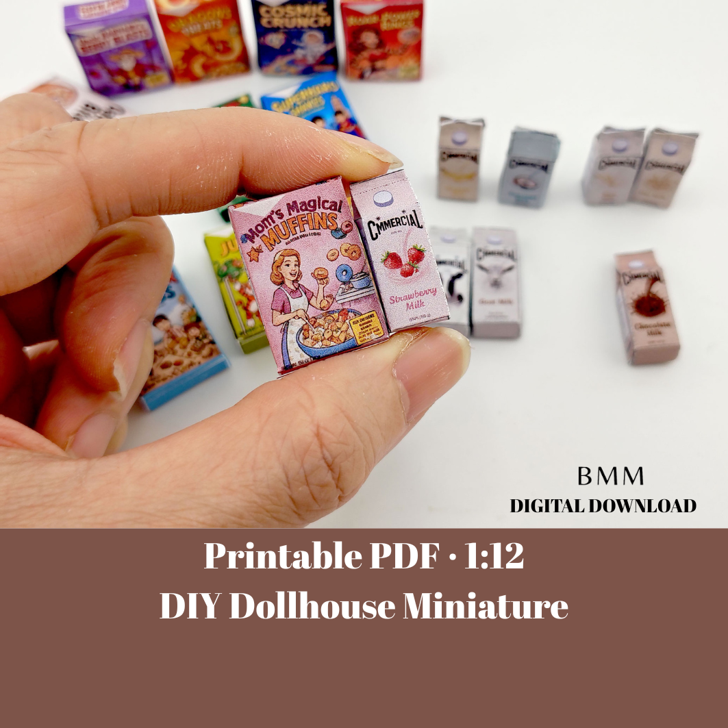 12 Cereral Boxes and 8 Milk boxes for 1:12 dollhouse, mini food items for kitchen diaorma (PDF Printable template)