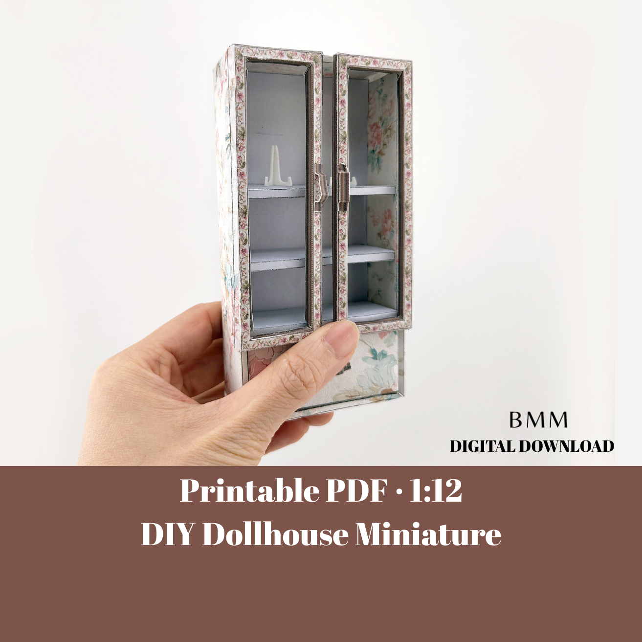 1:12 Vintage Paper Wardrobe — Openable Dollhouse Cabinet with Floral Pattern & Pull-Out Drawer (Printable, No Wood)