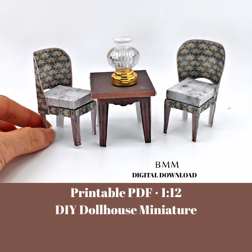 1:12 Vintage Paper chairs and end table — Green Pattern (Printable, No Wood)