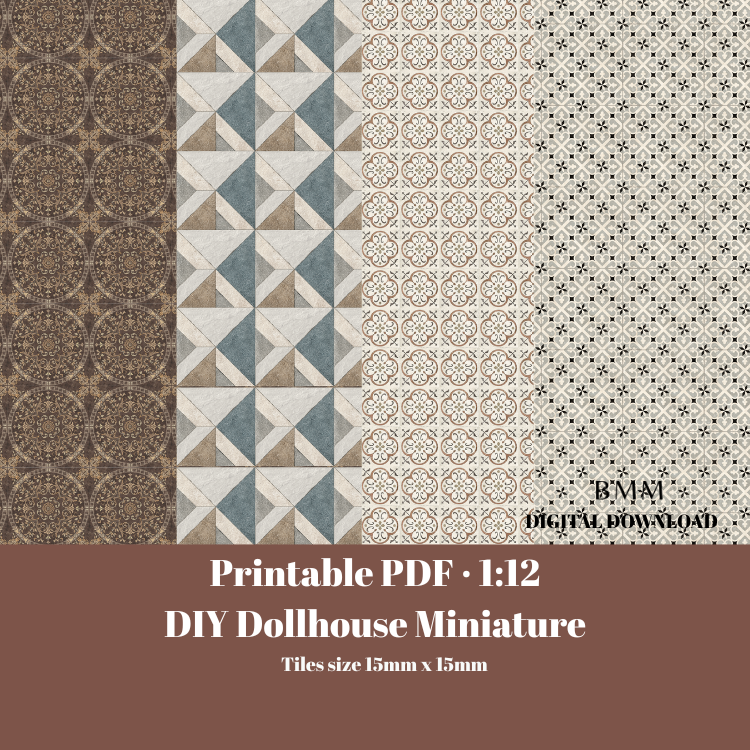 1:12 Dollhouse Miniature Floor Tiles – Vintage Retro Warm Tones (Digital Download)