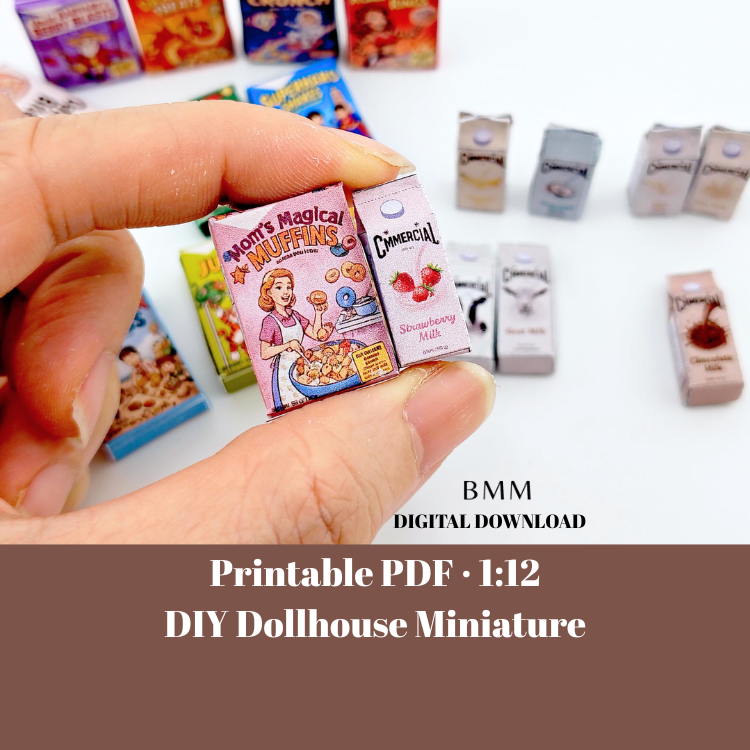 12 Cereral Boxes and 8 Milk boxes for 1:12 dollhouse, mini food items for kitchen diaorma (PDF Printable template)