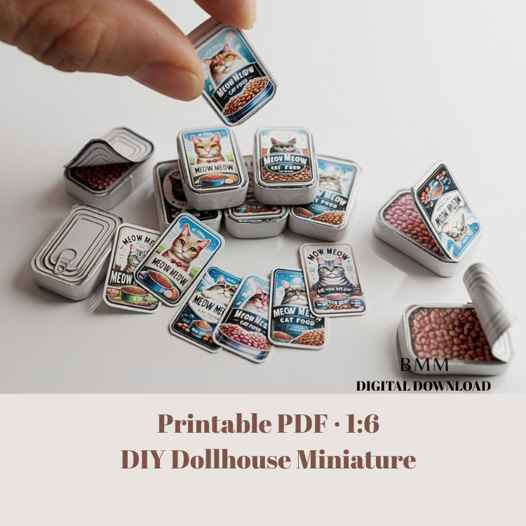 Printable Cat Food Cans, Miniature Dollhouse Kitchen Scene (PDF Download)