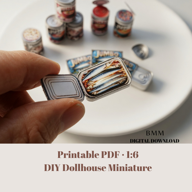 Printable Miniature Soup & Sardine Cans — 1:6 Scale DIY Dollhouse Food Template (7 Openable Designs)