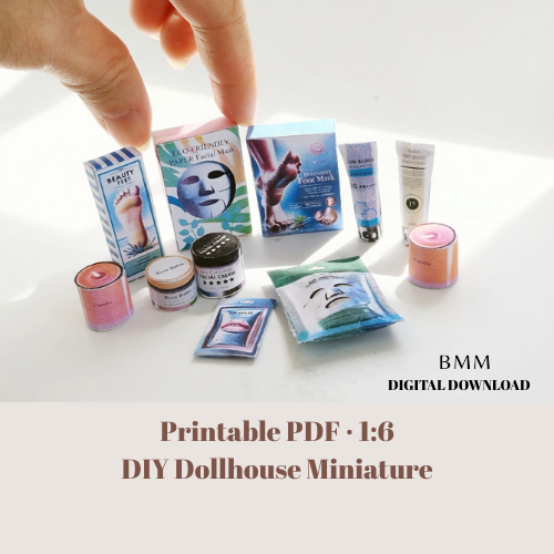 DIY Dollhouse Skincare Miniatures, 1:6 Scale Printable PDF (11 items Facial Masks, Cream)