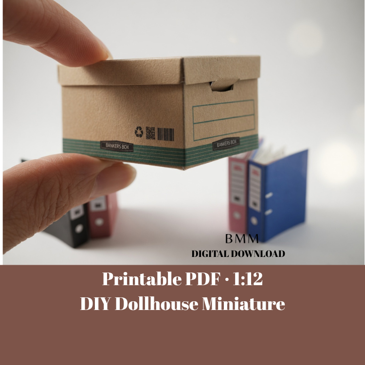 Printable 1:12 Miniature Banker Box & Binder Kit, DIY Dollhouse Office Folders, 4 Color Stationery Set, Digital Download PDF