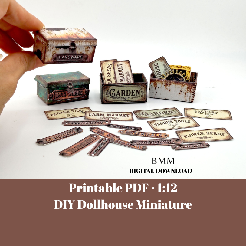 Printable Miniature Rusty Hardware Boxes, DIY 1:12 Scale Industrial Workshop Labels (Digital Download)