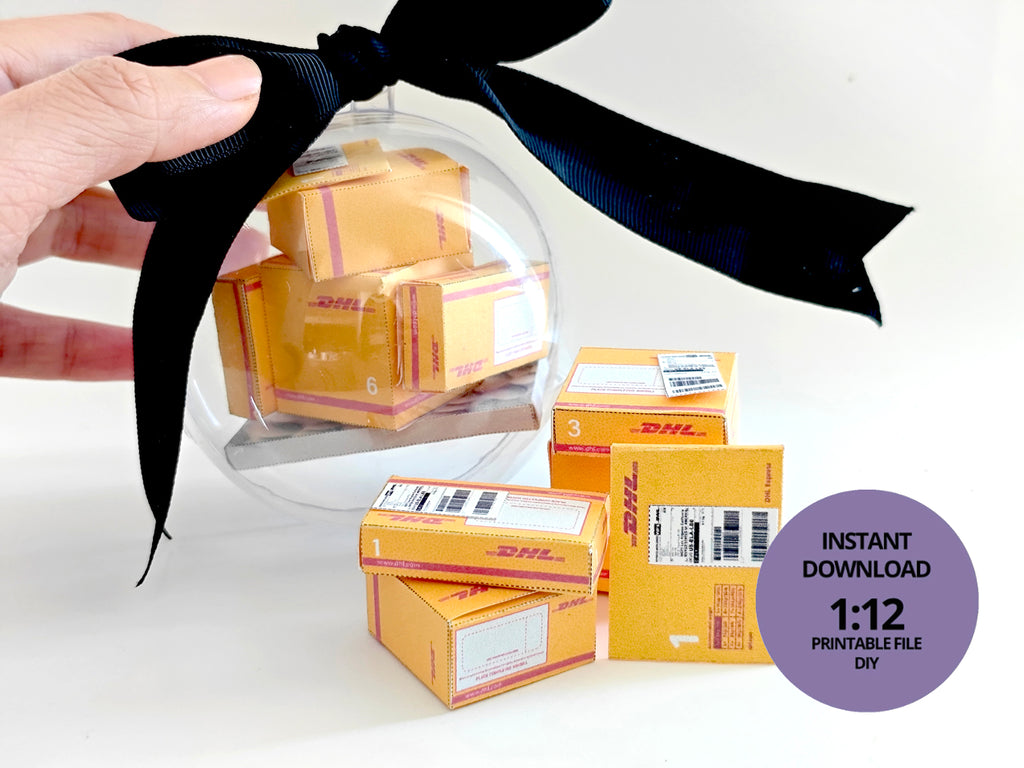Open box 1:12 DHL delivery package and mini envelopes for dollhouse moving Christmas setting or gift, Ornaments