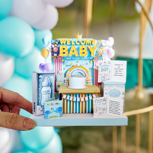  Perfect for celebrating the arrival of a little one, this printable template brings creative 3D design to life in the form of a charming baby shower-themed miniature 3D stand. 