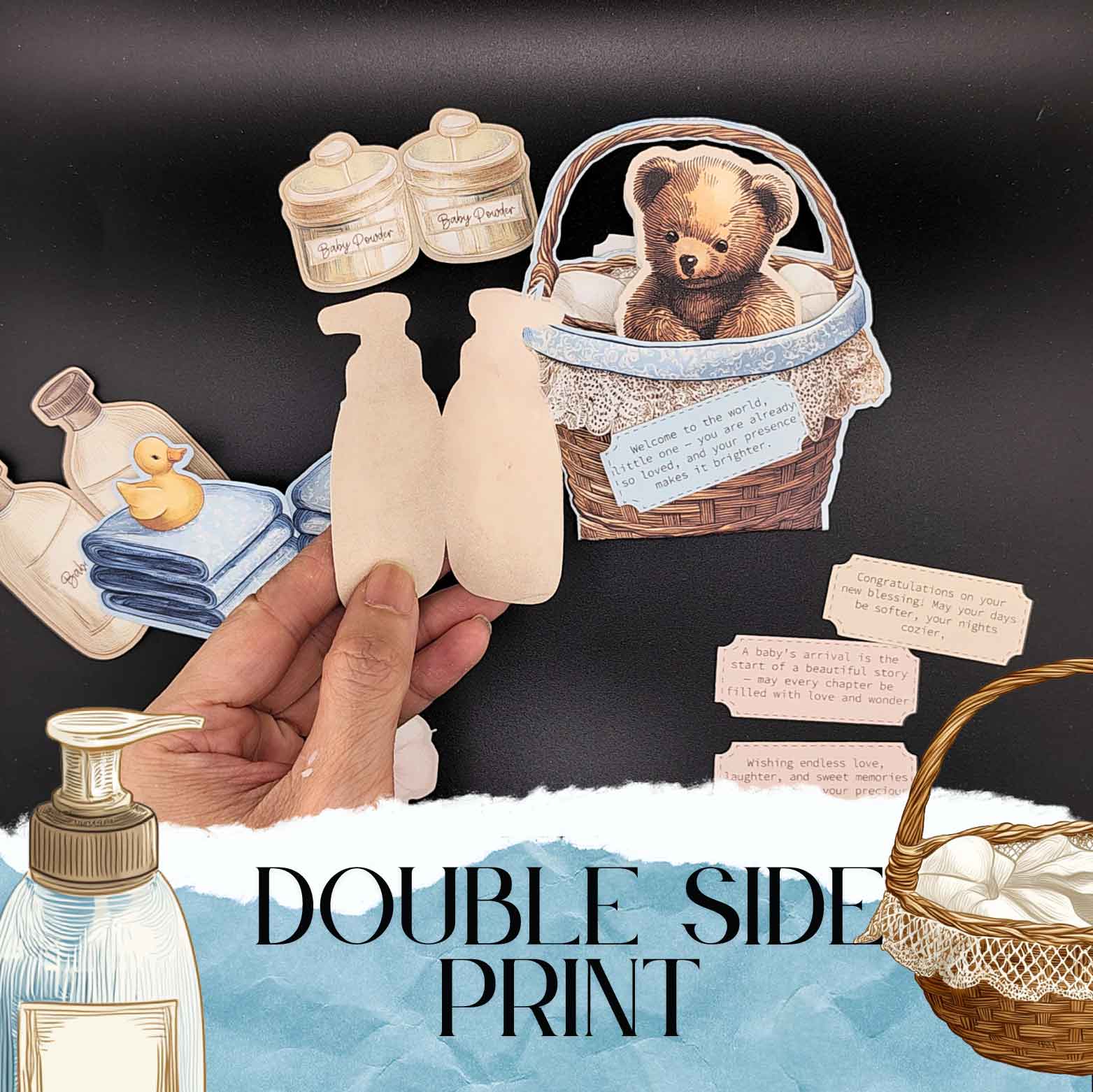 Baby Shower Basket Pocket Card — DIY Double-Sided Printable Folding Card for Newborn Celebration (Digital Download)