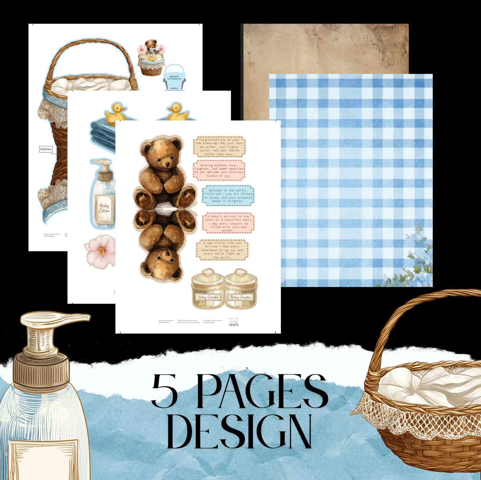 Baby Shower Basket Pocket Card — DIY Double-Sided Printable Folding Card for Newborn Celebration (Digital Download)
